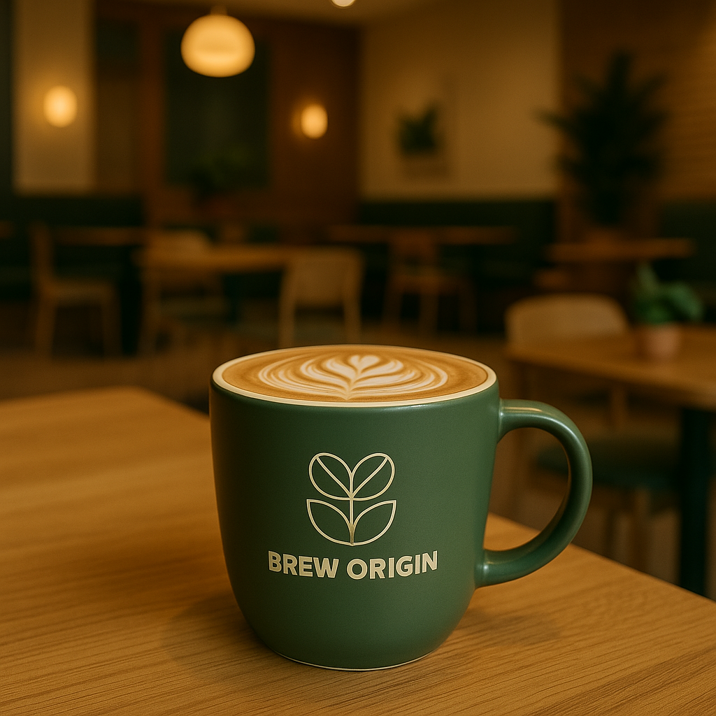 "Green ceramic cup with a latte art heart on top, featuring the Brew Origin logo, placed on a wooden table inside a cozy, softly lit coffee shop